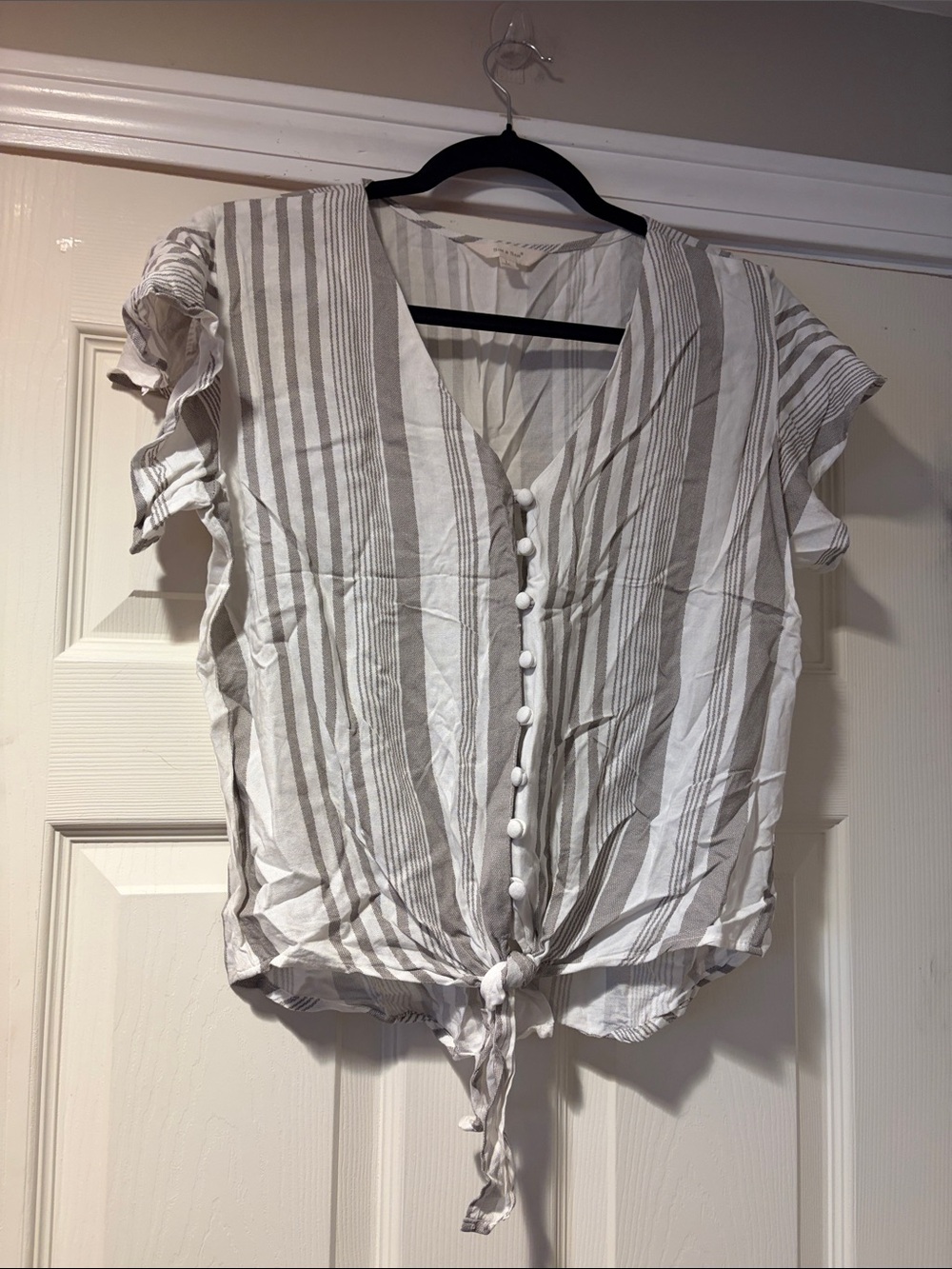 Striped Tie-Front V-Neck Blouse - White & Light Taupe